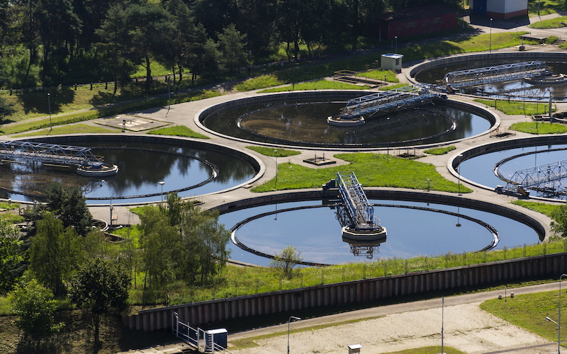 Aerial view of storage tanks in sewage water treatment plant