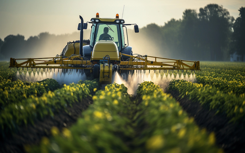 A low angle view capturing the efficiency and speed of a tractor spraying pesticides on a soybean field