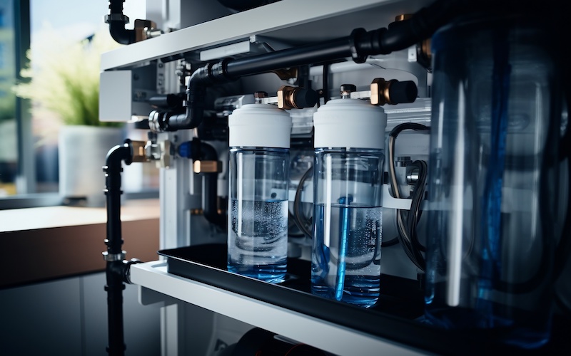 Compact Water Softening and Filtration System: Universal Home Solution in Close-Up View. AI