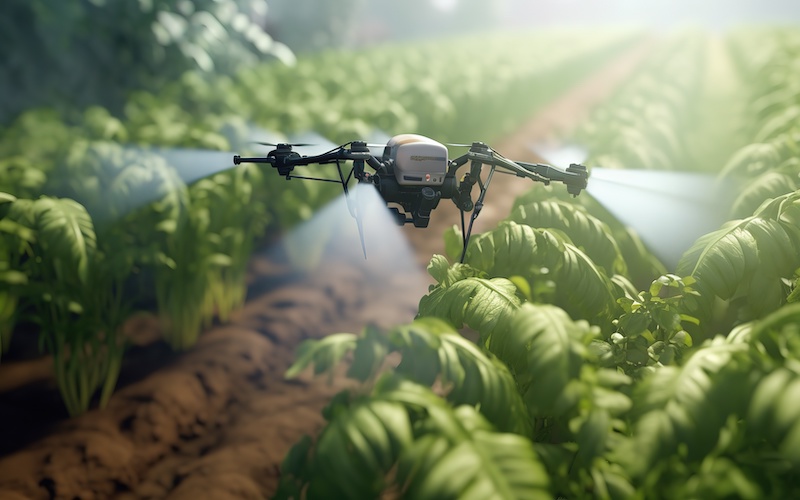 Drone spraying fertilizer on vegetable green plants. Futuristic technologies of the future. Generative AI